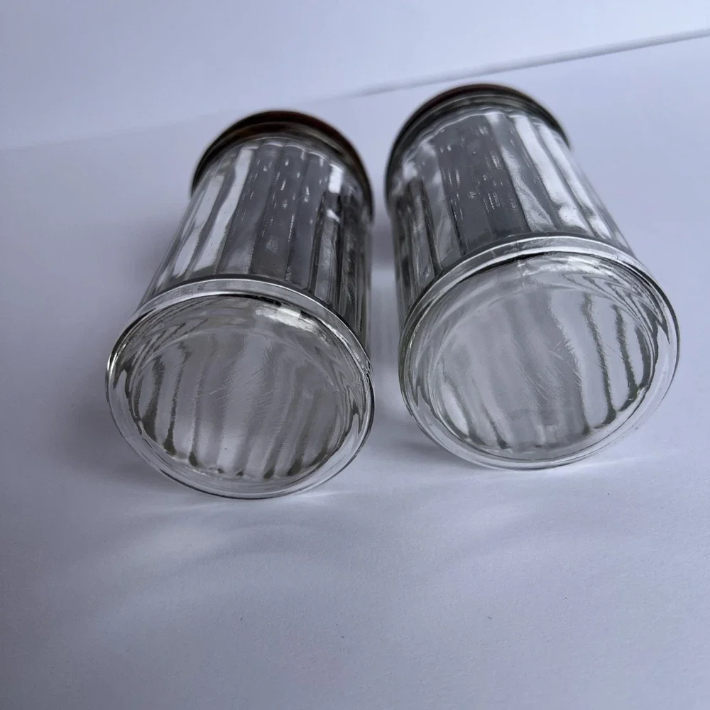 VTG Hoosier Ribbed Glass Shakers Red Rusty Lids Primitive Farmhouse Decor MCM